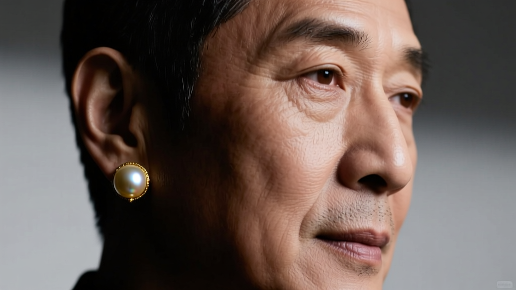 Close-up of a man wearing a single 14k gold pearl earring on his left ear, moody studio lighting, sharp focus on the pearl.