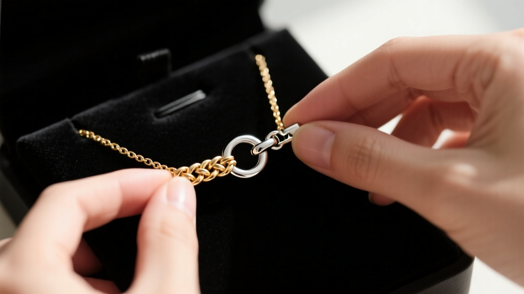 Close-up of hands attaching a polished sterling silver magnetic clasp to a delicate gold chain necklace on a dark velvet jewelry pad.