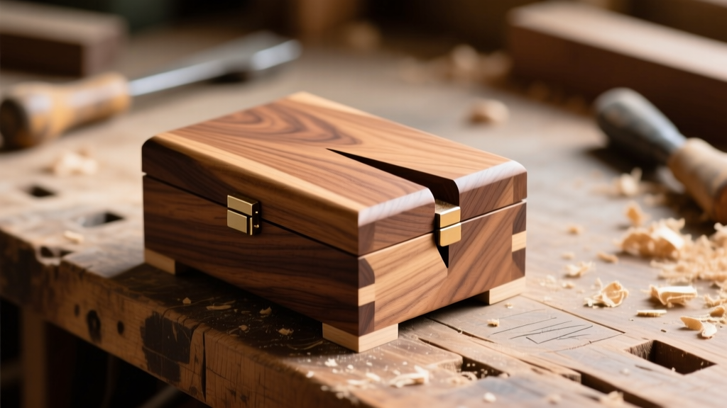 Hand-cut walnut dovetail joints on a custom jewelry box resting on a woodworker bench under warm directional lighting.