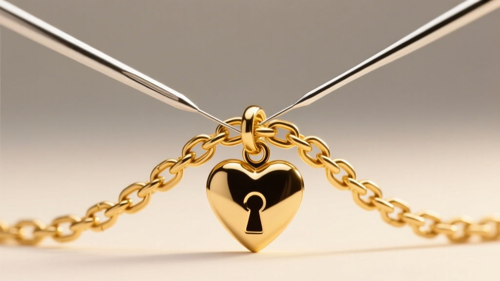 Two needles untangling a knotted gold chain caught on a heart key pendant, illuminated by bright and warm studio lighting.