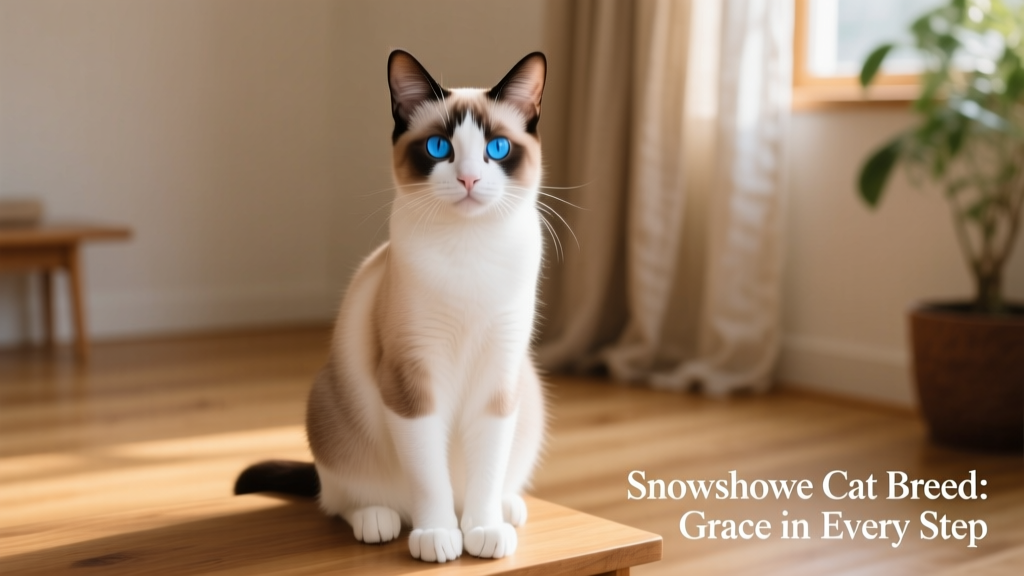 A Snowshoe cat sitting upright, showing its bright blue eyes and contrasting white paws