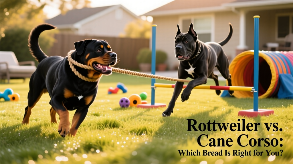 Rottweiler playing tug-of-war on grass; Cane Corso navigating an agility course