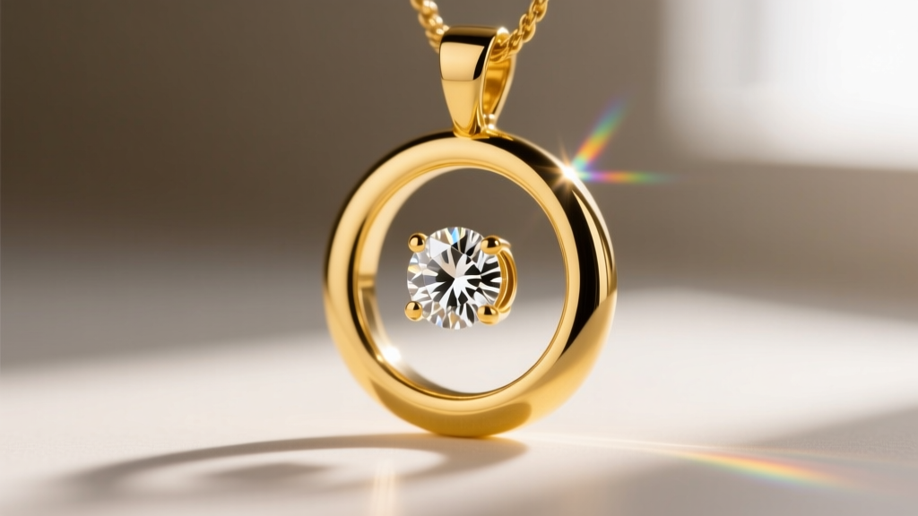 Side angle of a yellow gold bezel diamond pendant, showing the smooth metal rim holding a round gemstone securely in place.