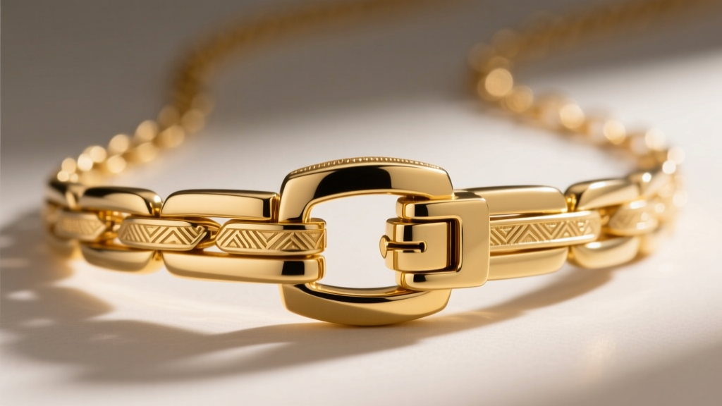 Close-up of a 14k gold layered necklace clasp featuring a custom magnetic multi-strand connector with a hidden safety latch