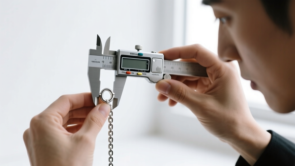 Jeweler using digital calipers to measure the inner diameter of a sterling silver glue-on bale before threading a 1.2mm box chain