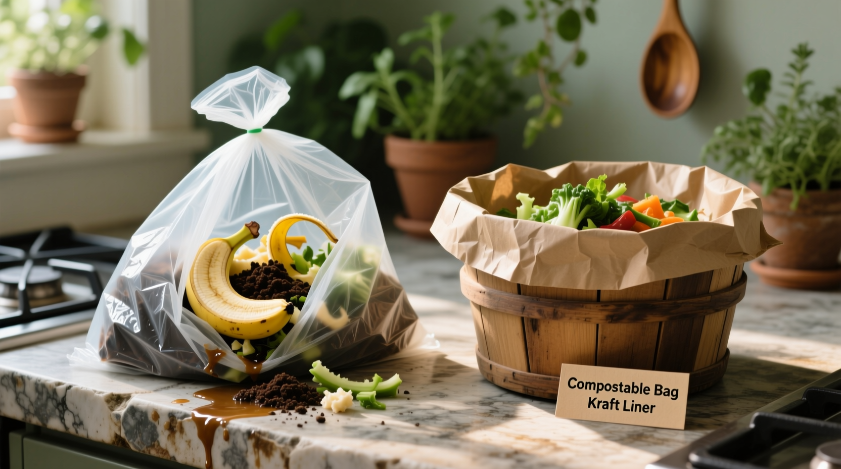 compostable bags vs kraft liners wet food scrap test