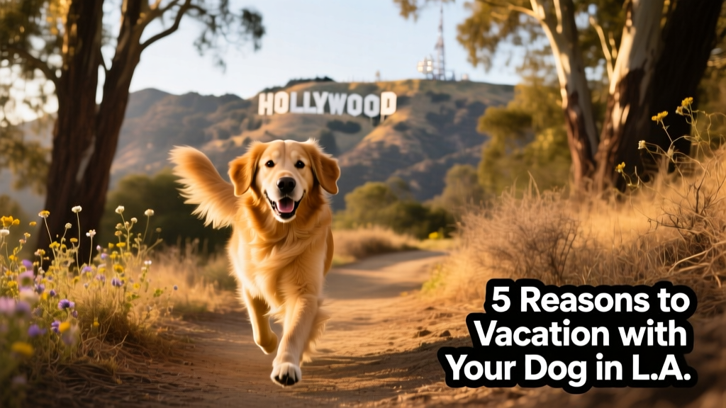 A golden retriever happily walking along a sun-dappled trail with the Hollywood Sign visible in the distance