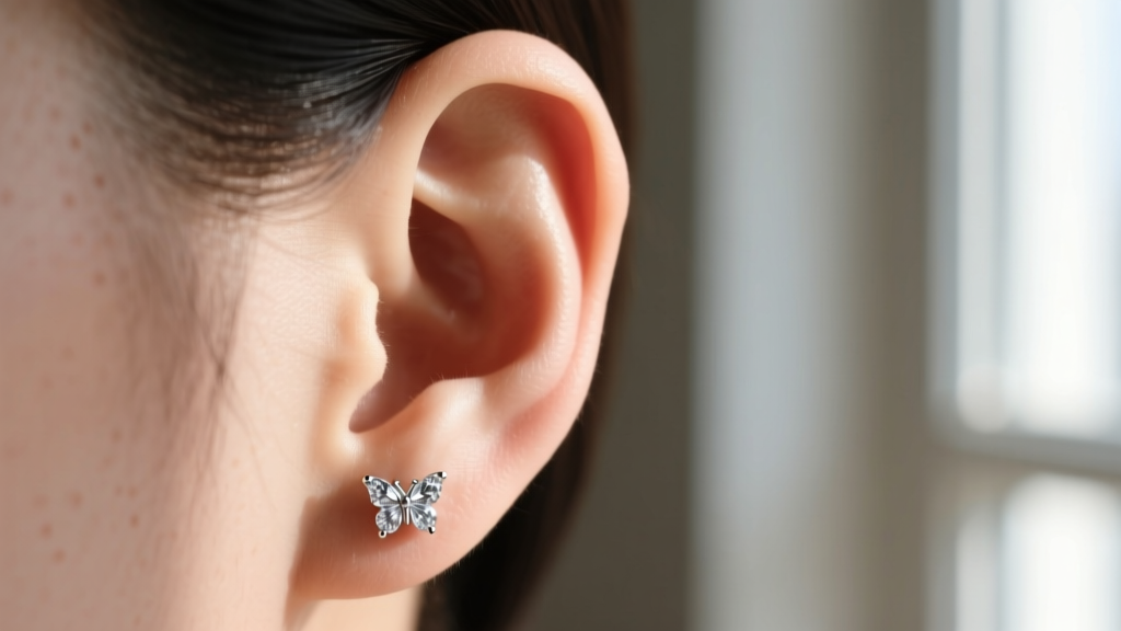 Profile of an ear wearing a diamond stud, focusing on the secure butterfly backing and lobe placement in soft natural daylight