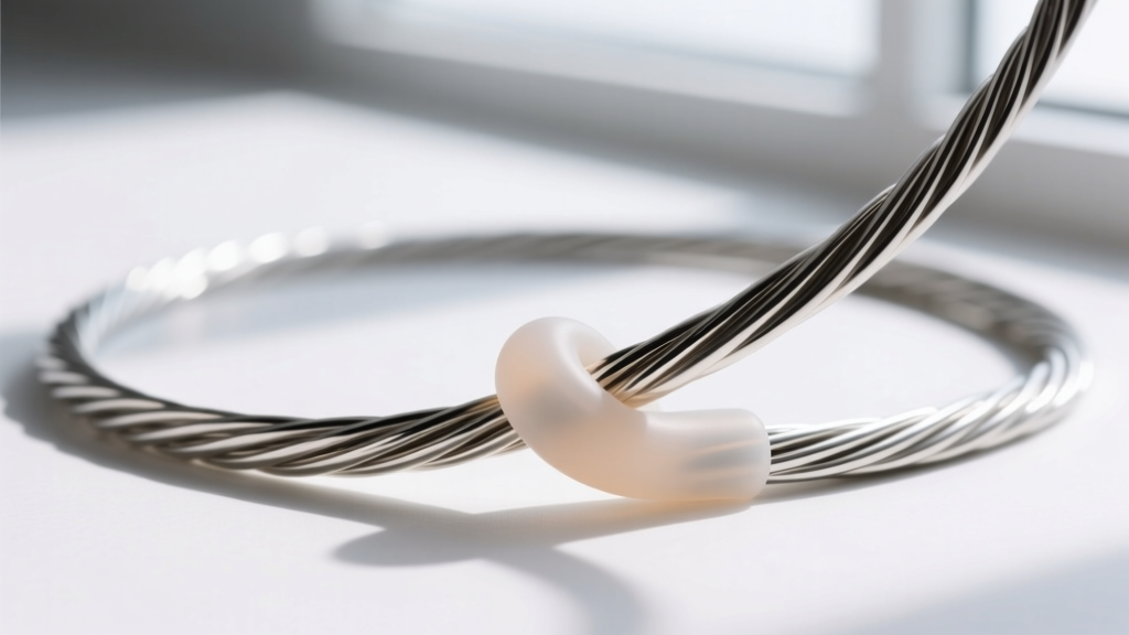 Macro shot of a silicone-coated aluminum wire bendable necklace core, showing metallic texture beneath a translucent matte finish
