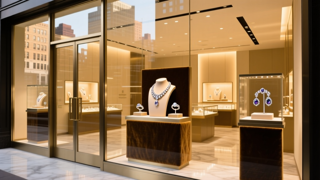 High-end fine jewelry boutique storefront in Rochester New York, featuring warm interior lighting and secure glass display windows