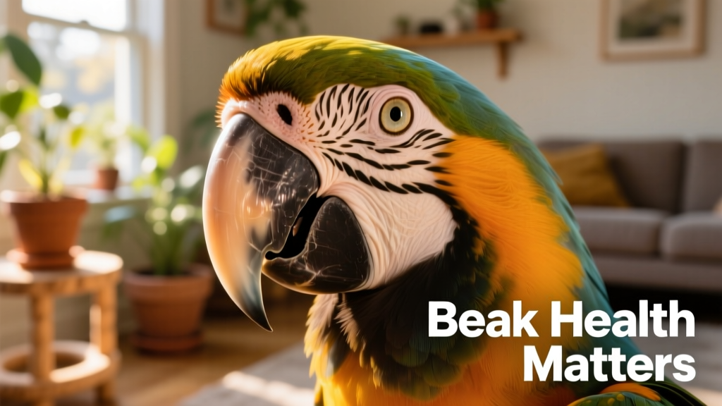 Close-up of a healthy macaw beak showing smooth texture and natural curvature