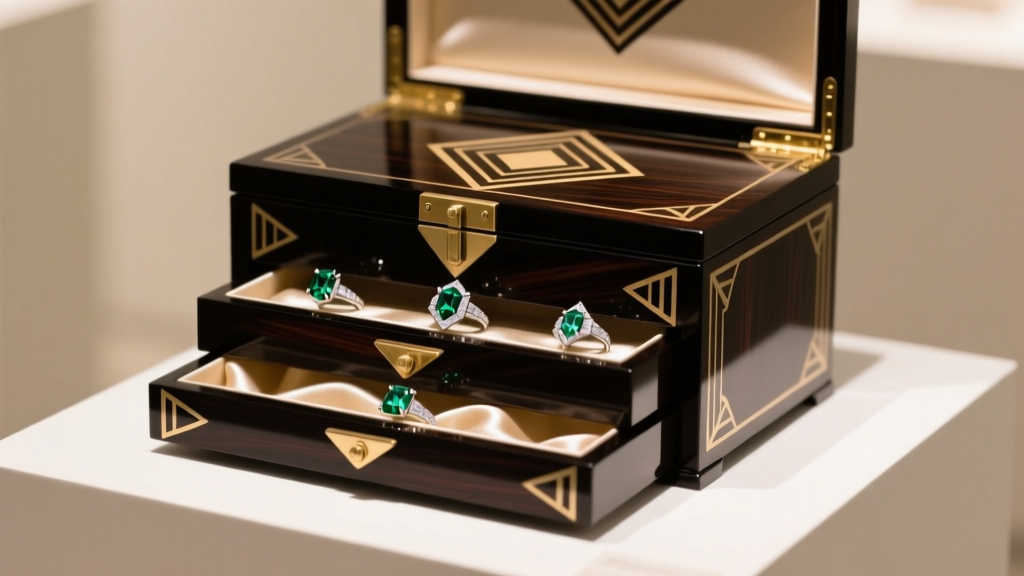 Open Art Deco macassar ebony jewelry box with silk drawers displaying geometric diamond rings under warm gallery light