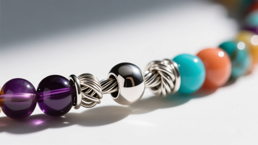 Macro shot of 49-strand jewelry wire passing through a silver crimp bead and wire guard protector on a colorful beaded necklace