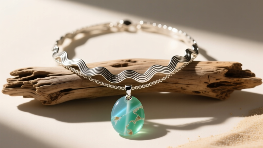 Flat lay of a layered surfs up necklace set with a 16-inch silver wave choker and an 18-inch sea glass pendant on driftwood