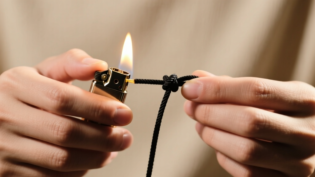 Hands holding a small butane lighter, carefully melting the tip of a black nylon necklace cord to secure a finished sliding knot.