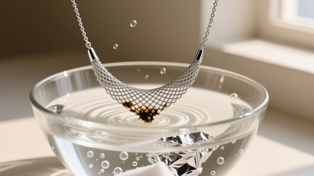 Silver mesh necklace soaking in a glass bowl with baking soda and aluminum foil, bubbling gently to lift black tarnish