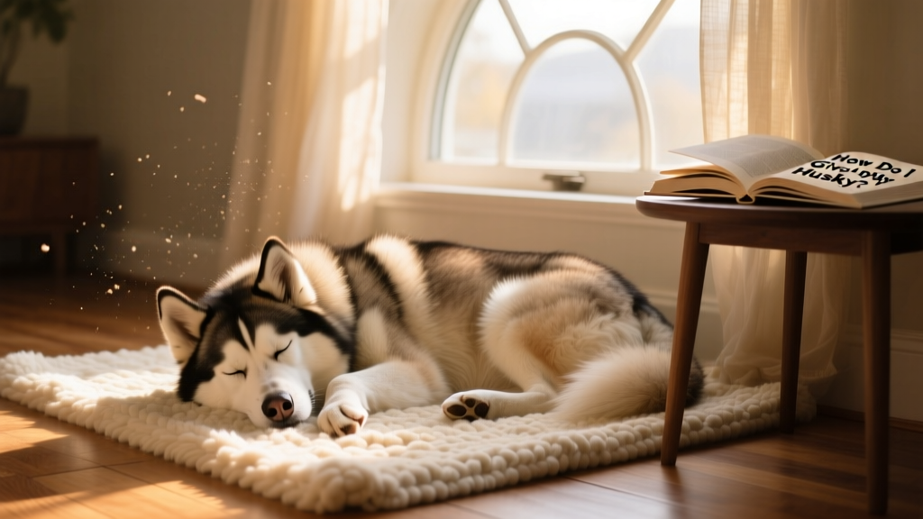 A cozy indoor scene: a Husky resting peacefully on a soft rug beside a window, sunlight streaming in
