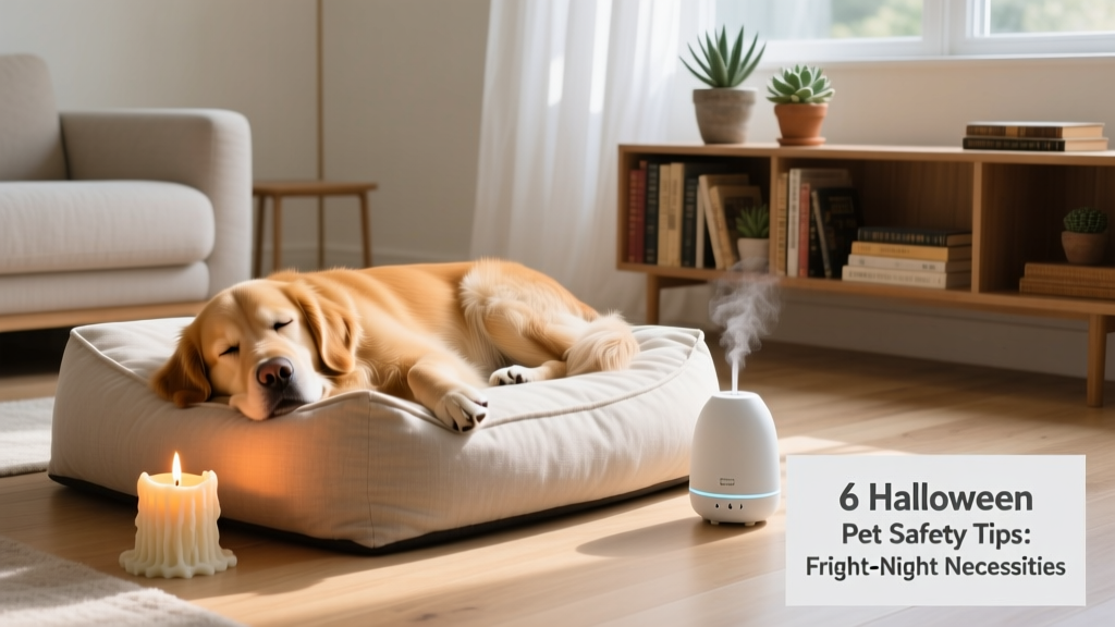 A serene living room setup with a dog resting on a cozy bed near a lit faux-candle centerpiece and a plugged-in pheromone diffuser—quiet, safe, and peaceful