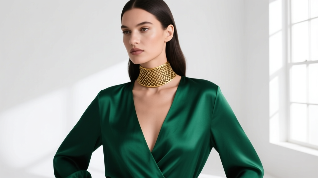 Model wearing a deep V-neck silk blouse with a flexible gold mesh Cleopatra choker, demonstrating the drape and neckline pairing.