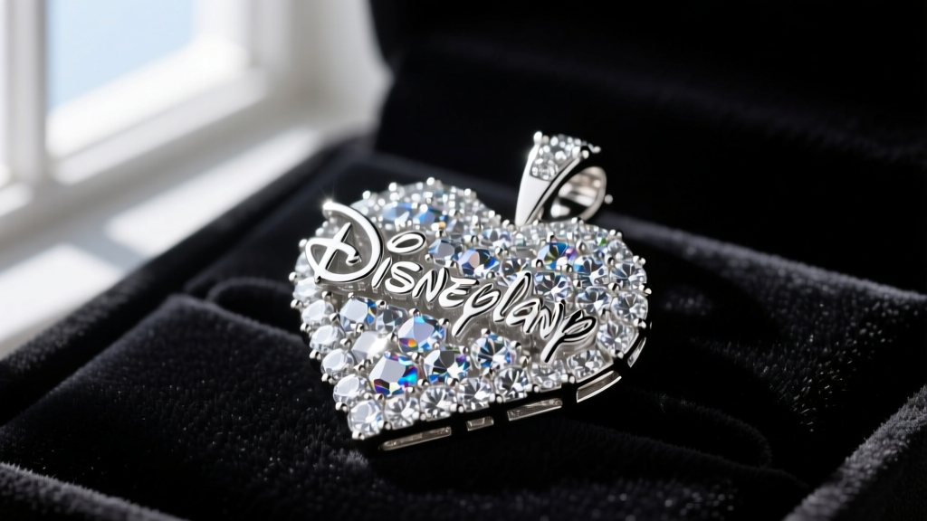 Close-up of a rhodium-plated sterling silver Disneyland marquee pendant paved with cubic zirconia stones resting on dark velvet.