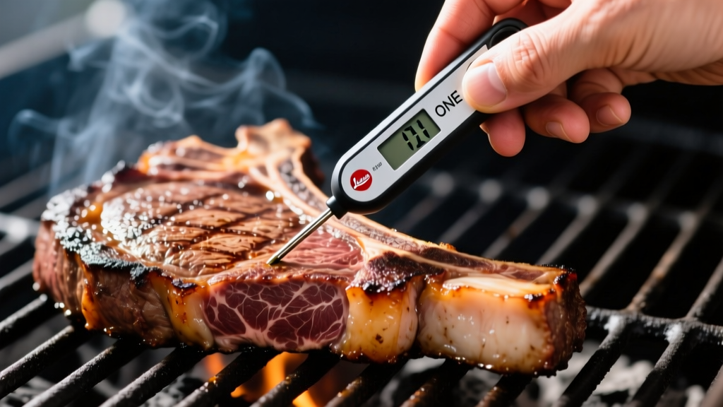 Close-up of a hand using a Thermapen ONE to check the internal temperature of a thick tomahawk ribeye steak on a charcoal grate.