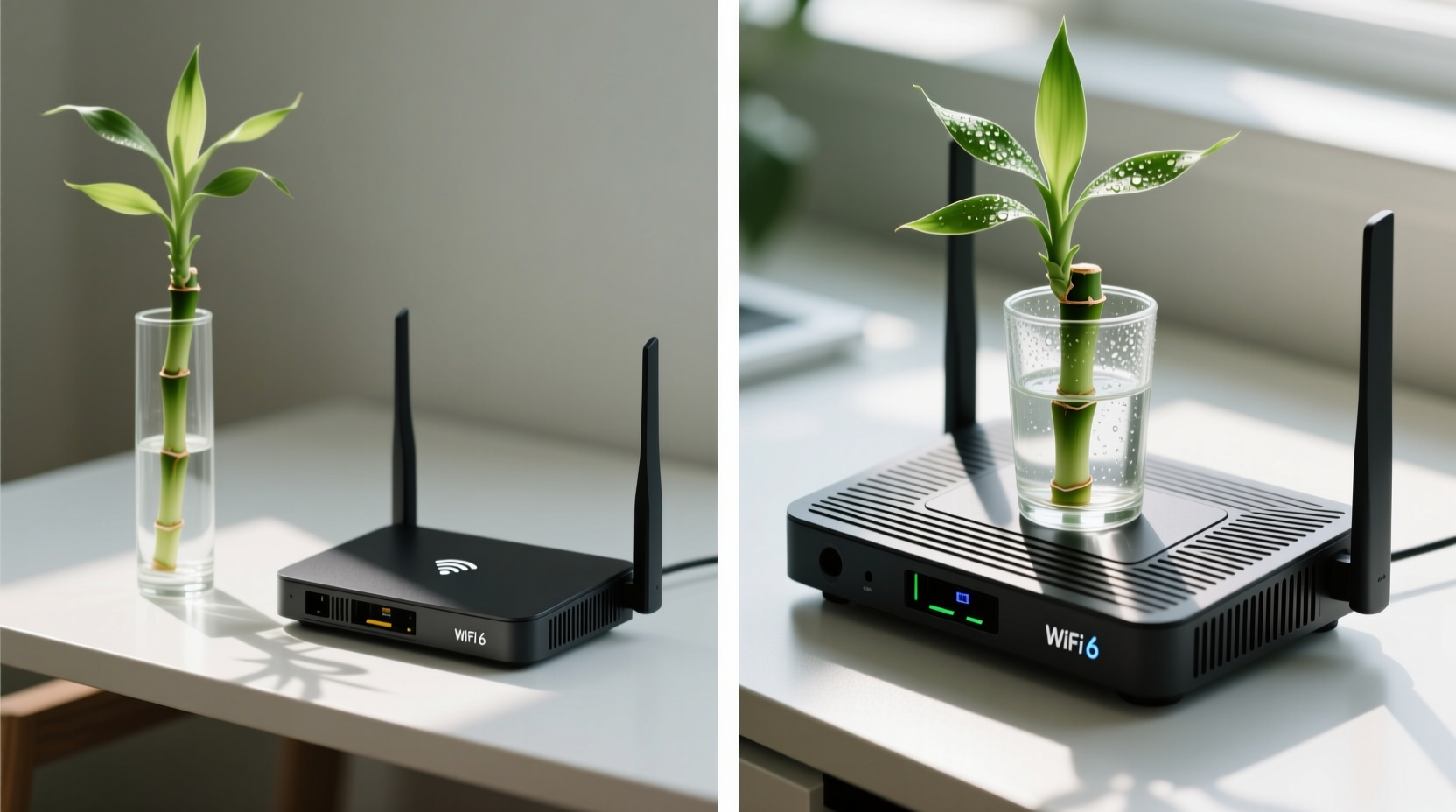 Side-by-side photo: left shows lucky bamboo in a narrow glass vase placed 2 inches beside a modern WiFi 6 router with clear space around vents; right shows the same plant resting directly on the router’s top vent cover, with visible condensation on the glass