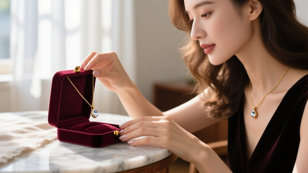 Elegant woman unboxing a velvet case with a delicate 18k gold pendant necklace, soft morning light, close-up on hands and jewelry.