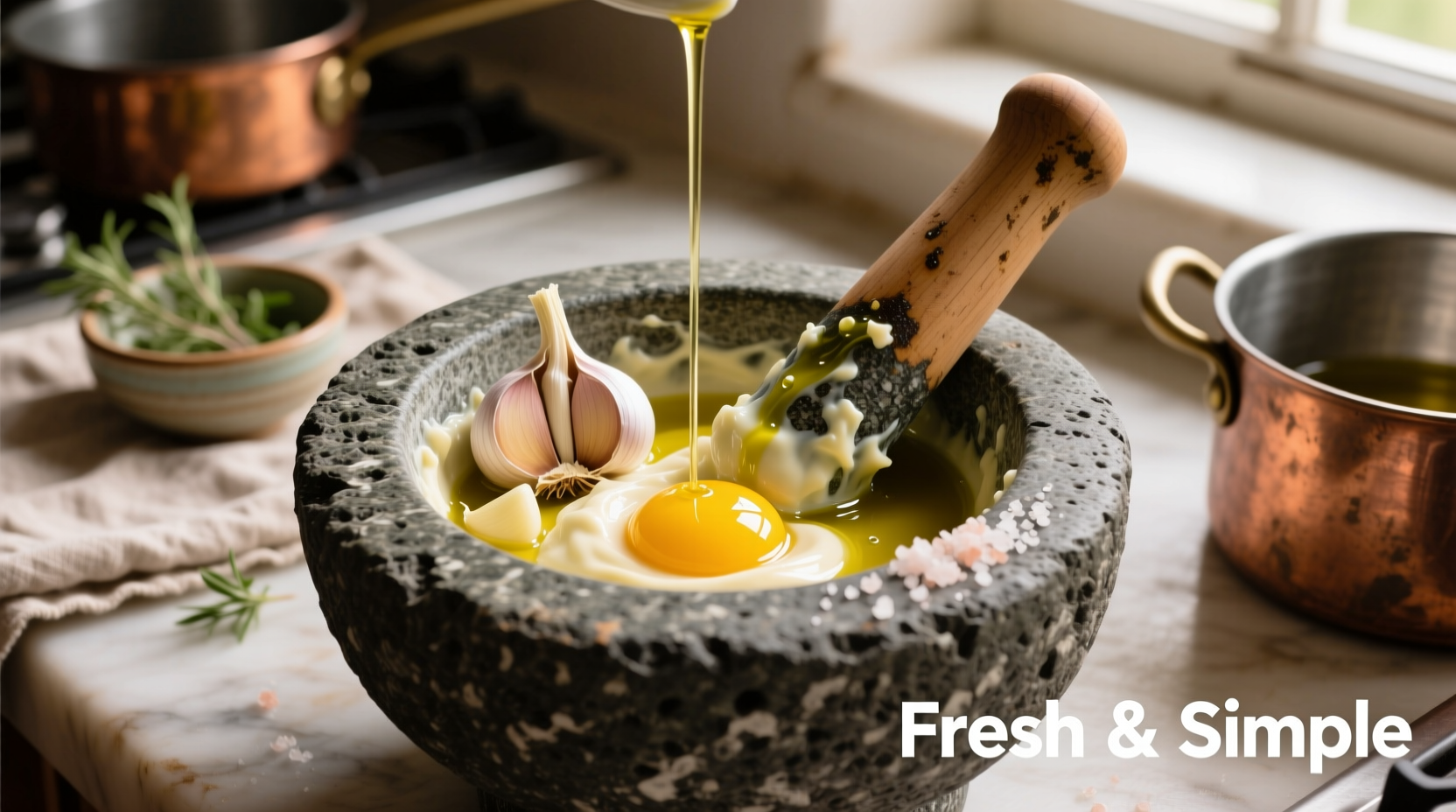 Homemade garlic aioli in mortar with fresh ingredients