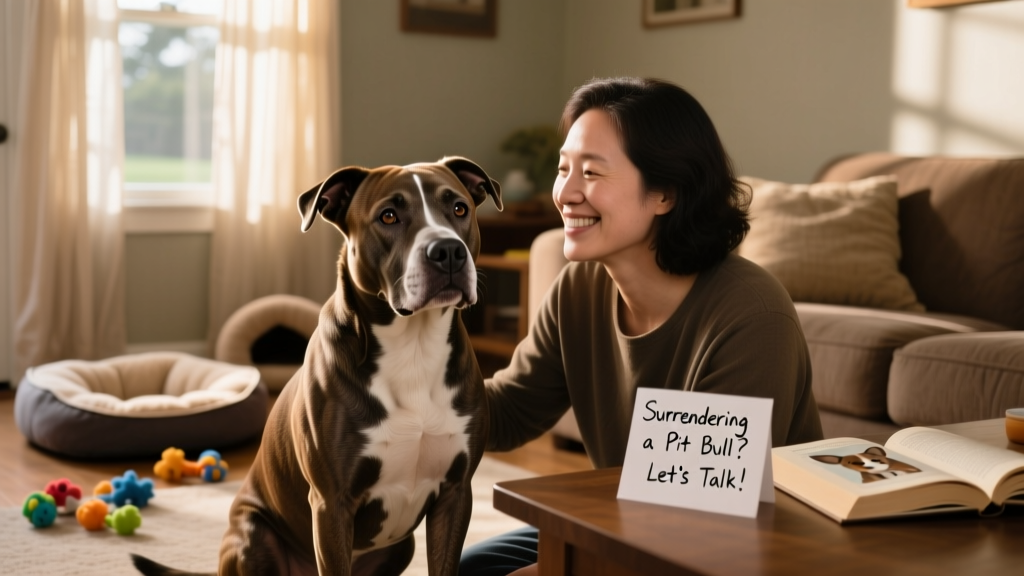 A calm, well-socialized Pit Bull sitting beside a caring human in a home setting