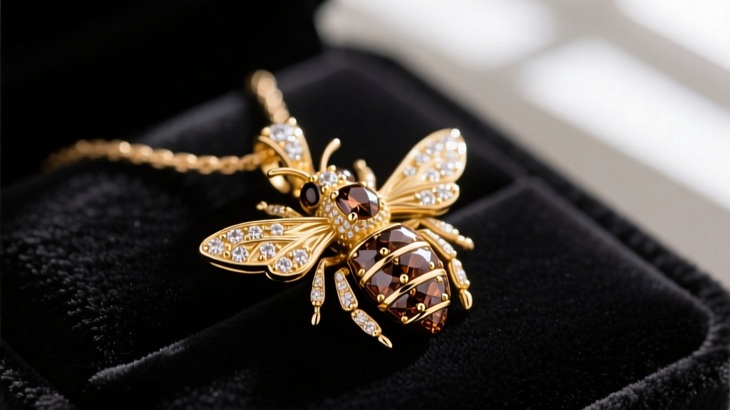 Close-up of a Le Vian bee pendant in 14k Strawberry Gold, encrusted with brown Chocolate Diamonds, resting on dark black velvet.
