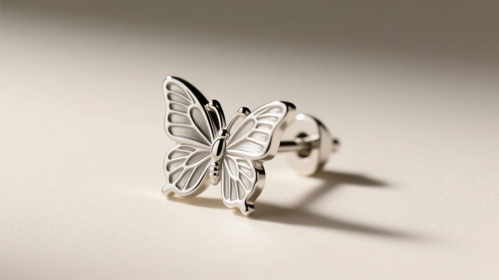 Side profile of a 20-gauge sterling silver earring post with a butterfly clutch under soft studio lighting showing metal texture