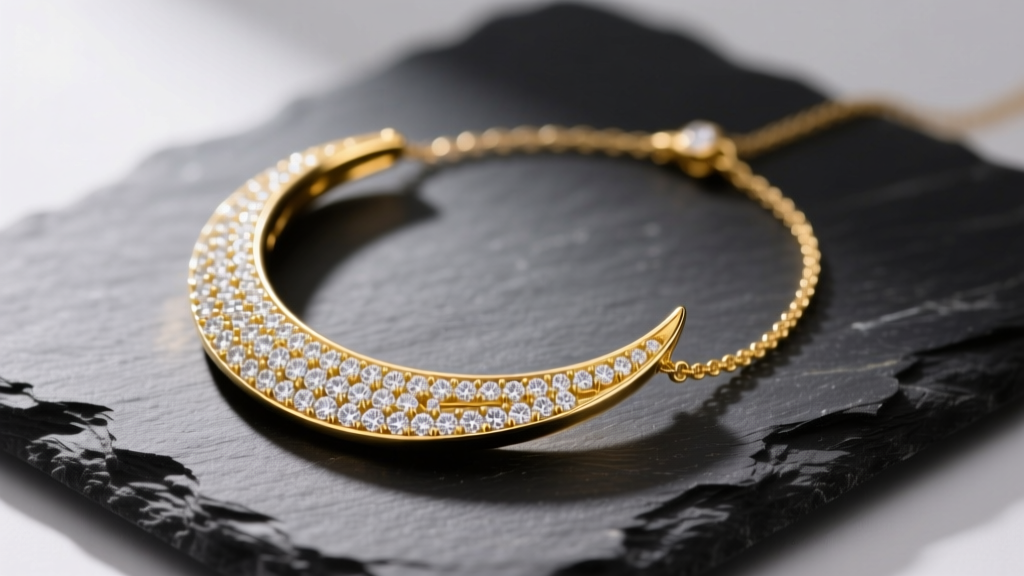 18k yellow gold diamond crescent moon necklace on dark slate, soft studio lighting highlighting the intricate pave diamond setting.