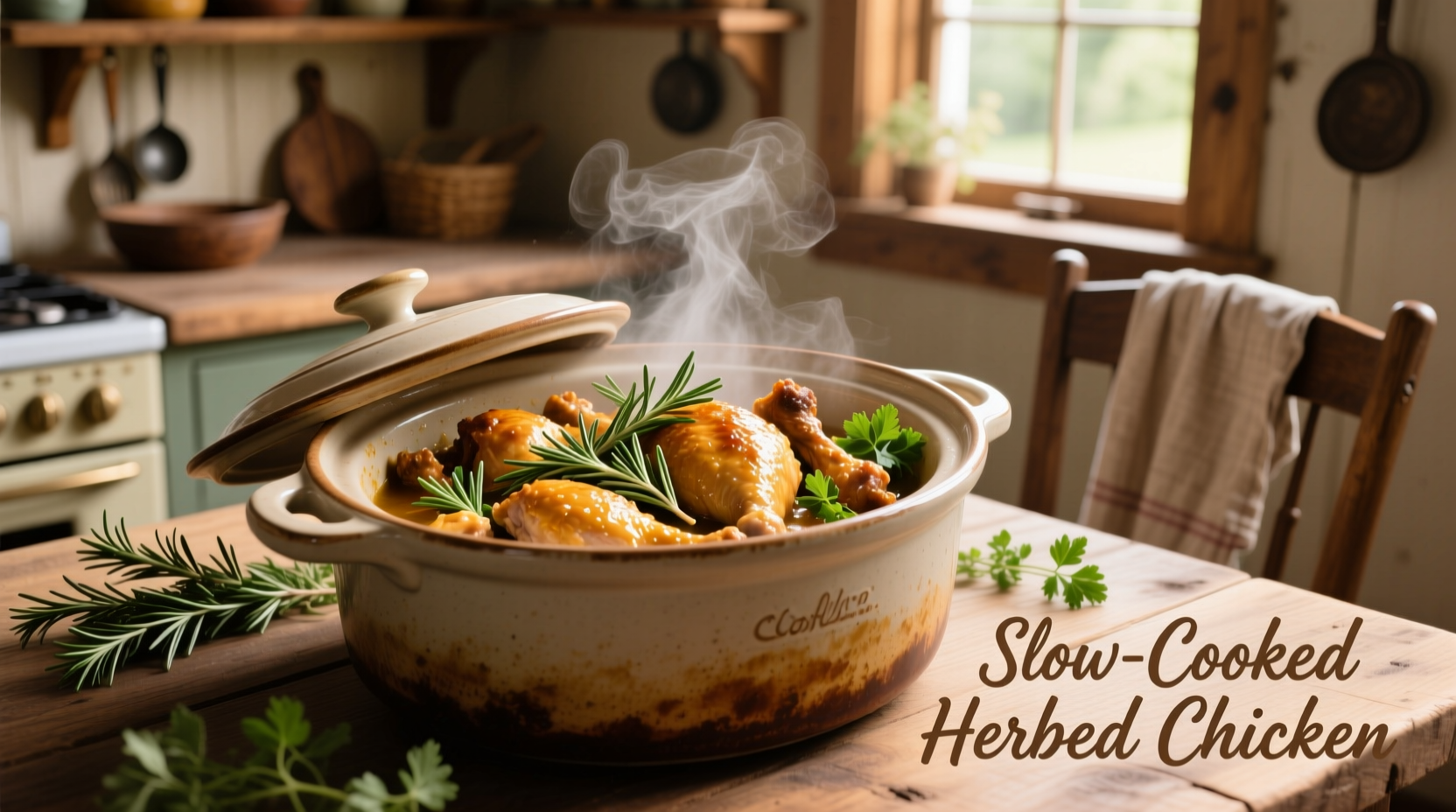 Shredded chicken in crock pot with herbs