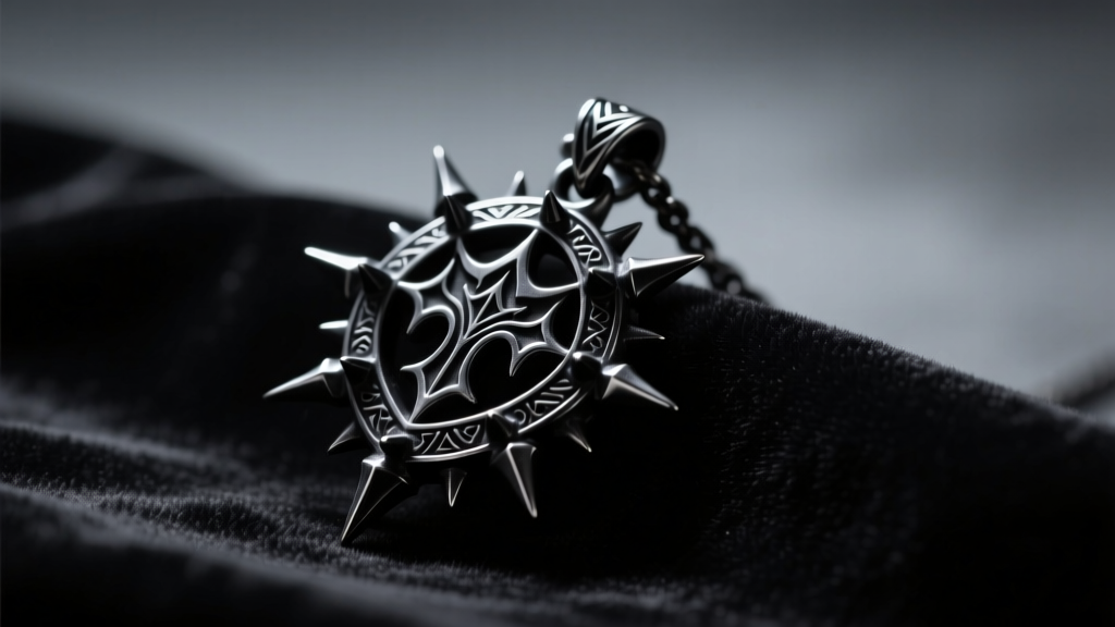 Close-up of a dark, gothic spiked pendant replica inspired by Terraria, resting on black velvet with dramatic moody side lighting