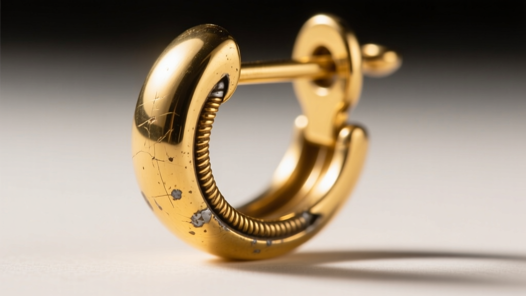 Macro photography of a vintage gold earring saddleback hinge mechanism showing slight wear near the 18-gauge solder joint