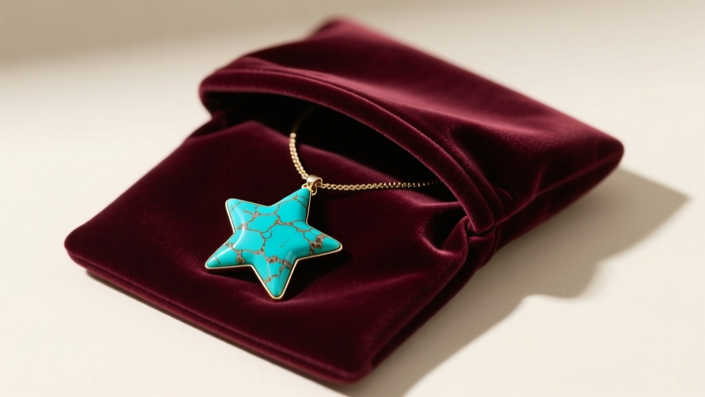 Velvet pouch holding a turquoise star necklace, stored away from harder gems to prevent scratches on the porous turquoise surface.