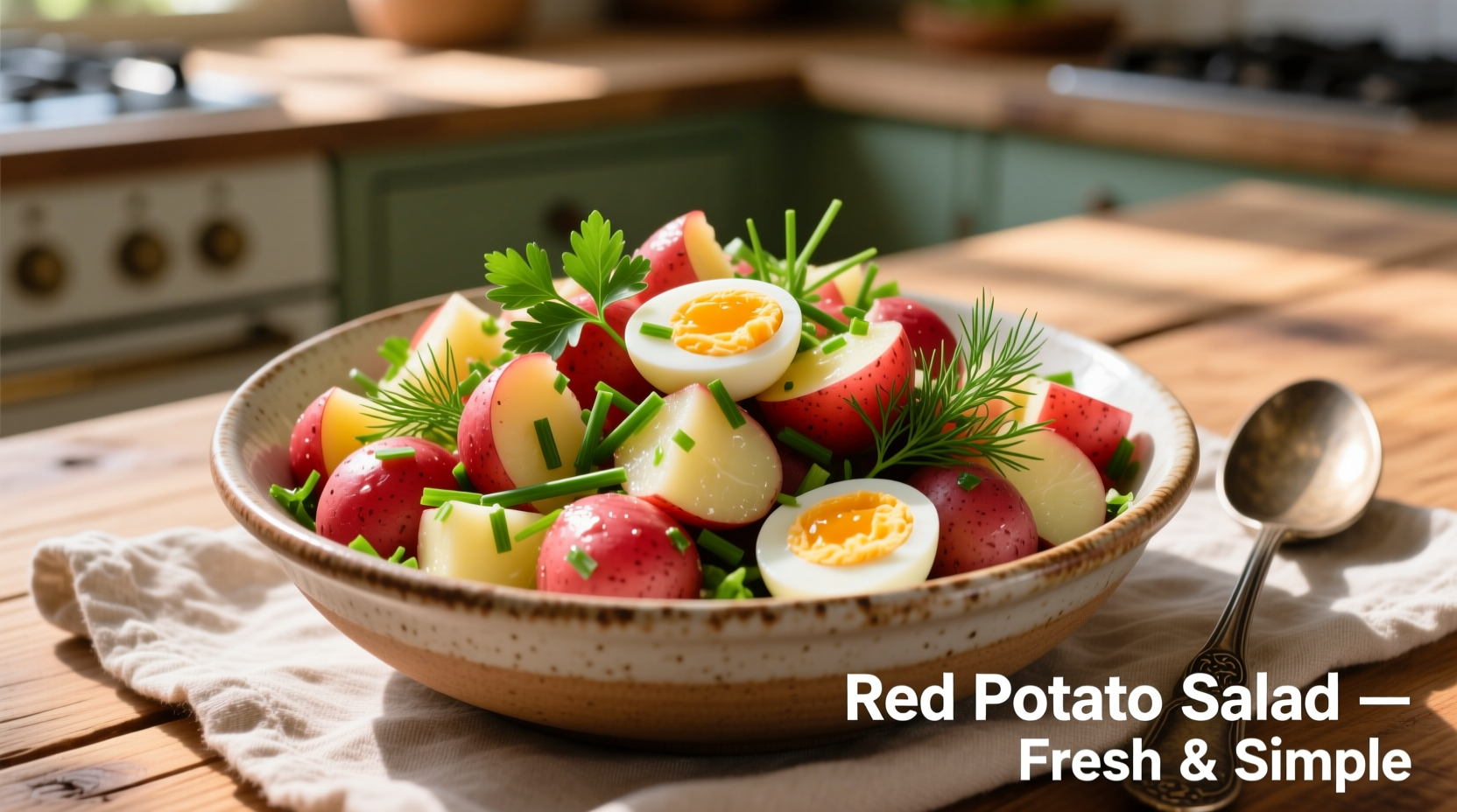 Colorful red potato salad with fresh herbs and eggs