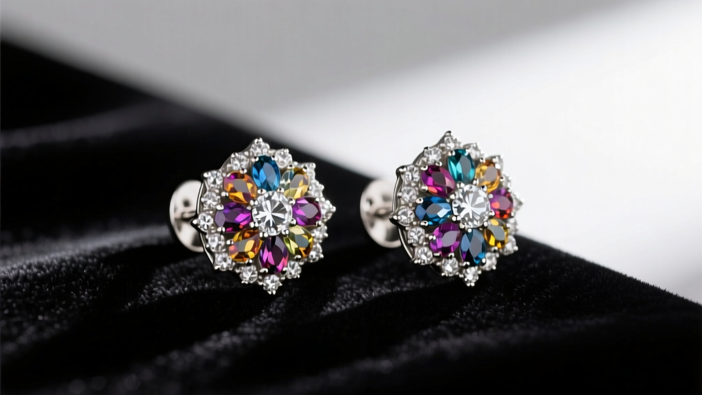 Close-up of 1940s vintage Coro sterling silver duette double-clip earrings with pavé rhinestones resting on dark velvet fabric.