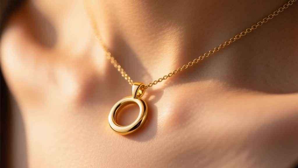 Macro shot of a polished gold circle pendant resting flat against a collarbone on a delicate chain in warm light.