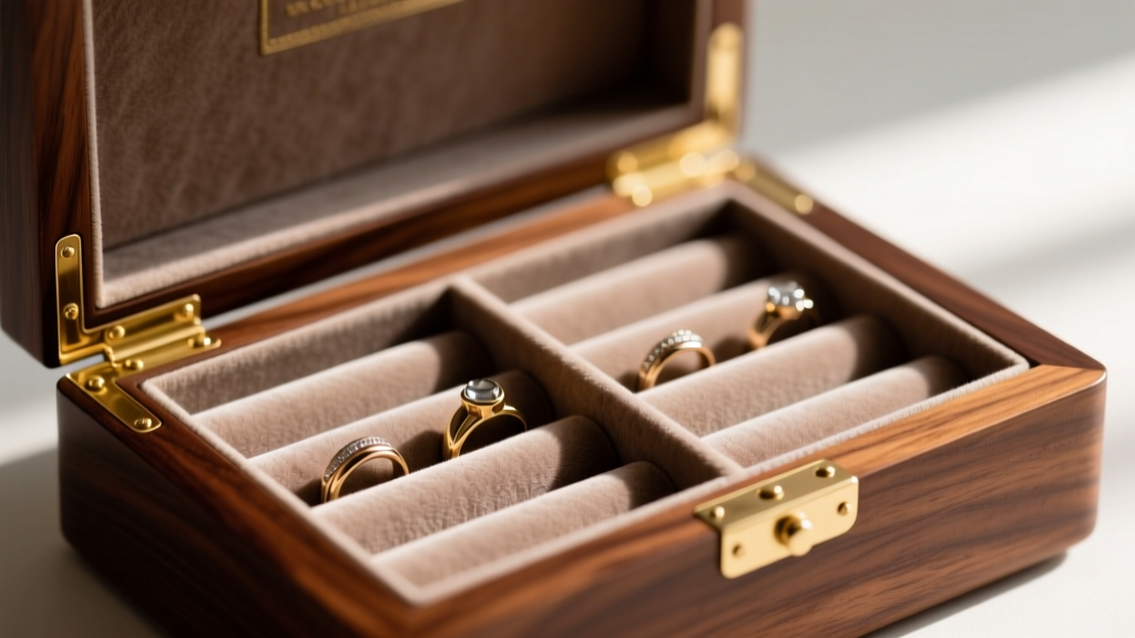 Close-up of an open luxury wooden jewelry box revealing a plush taupe Pacific cloth interior with dedicated ring rolls and clasps.