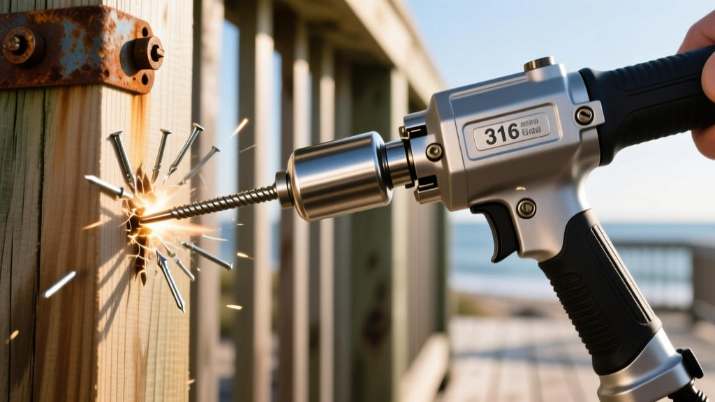 Close-up of a pneumatic nail gun driving a 316-grade stainless steel ring shank framing nail into pressure-treated lumber on a coastal deck frame
