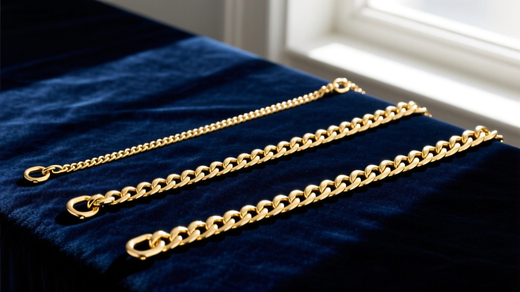 Flat lay of three distinct gold chains measuring 16, 22, and 28 inches on a dark velvet surface, highlighting the matinee length