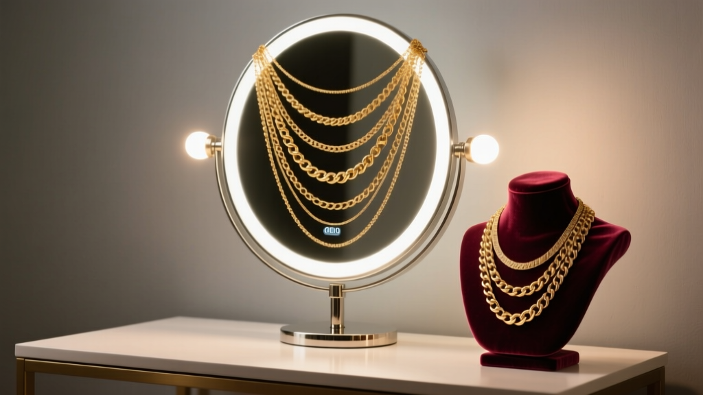 Adjustable tilt necklace mirror on a vanity with a velvet bust, illuminated by 4000K LED lights, reflecting layered gold chains.