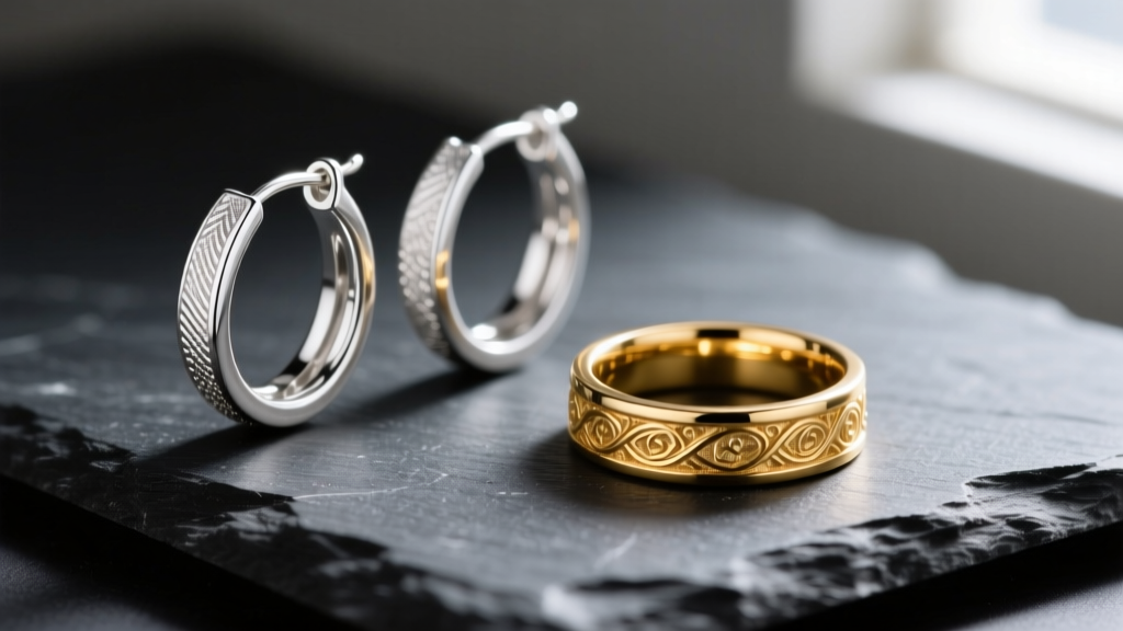 Macro shot of 925 silver hoop earrings and an 18k gold finger ring on dark slate, highlighting metal testing for skin allergies.