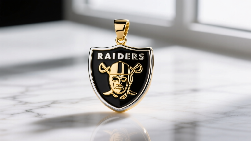 Macro shot of a gold-plated Raiders logo pendant showing detailed black and silver enamel fill, placed on a white marble surface.