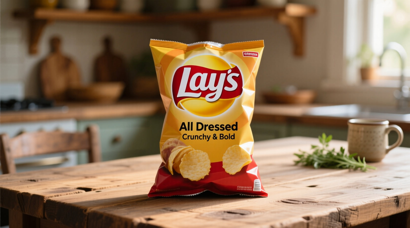 All Dressed Lays potato chips bag on wooden table