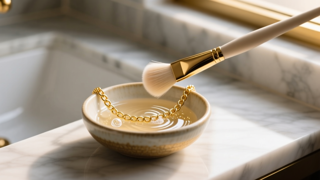 Soft-bristled jewelry brush gently cleaning a gold chain necklace over a small ceramic bowl of warm soapy water on a marble vanity