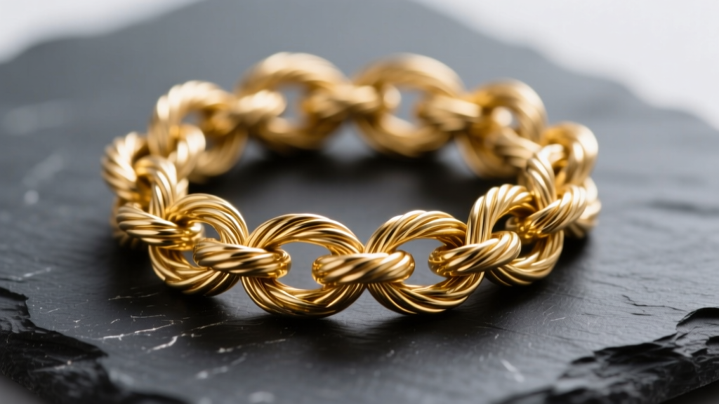 Macro photo of a tangled 14k gold cable chain on dark slate, lit by soft studio lighting to show metallic texture and tight knots