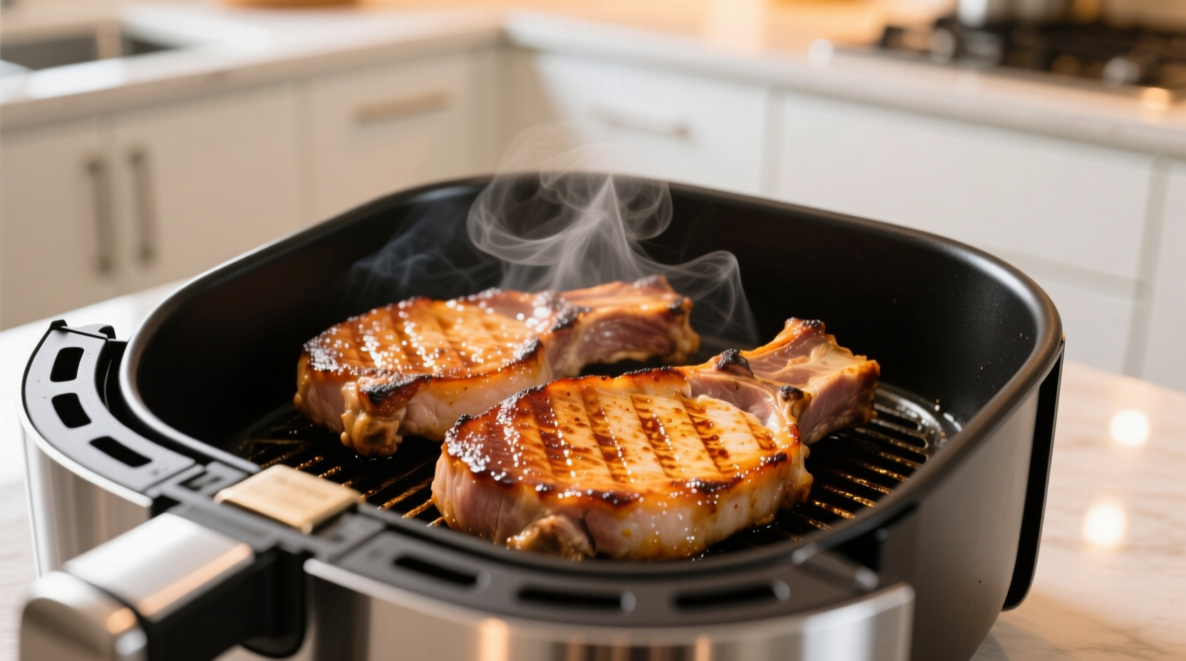Perfectly cooked golden brown pork chops in air fryer basket