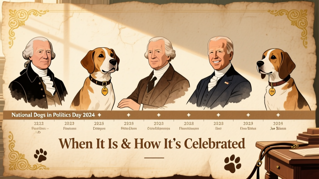 A vintage-style illustration of U.S. presidents with their dogs, arranged chronologically along a timeline